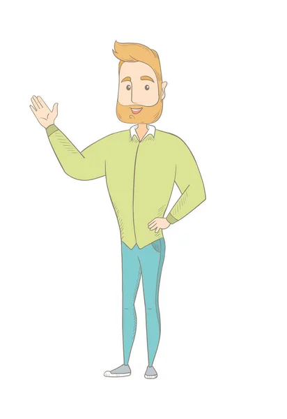 Hippie man pointing at something by his hand. — Stock Vector