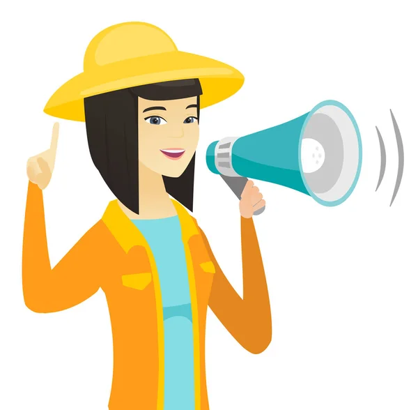 Joven asiático agricultor hablando en loudspeaker — Vector de stock