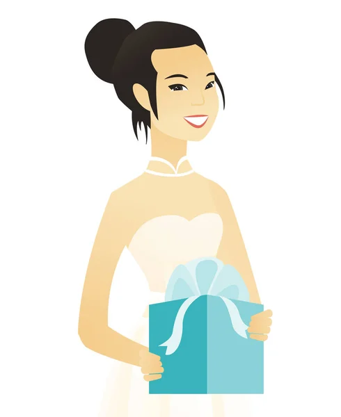 Žena v bílé svatební šaty drží dárková krabička. — Stockový vektor