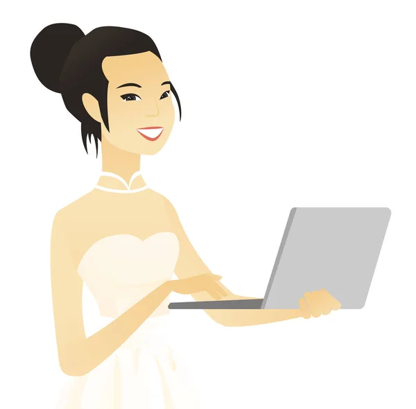 Bir dizüstü bilgisayar kullanarak bir beyaz elbiseli genç Asyalı gelin. — Stok Vektör