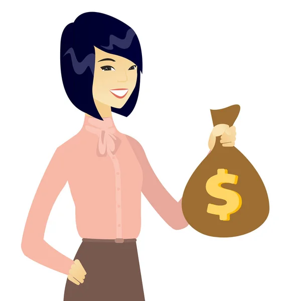 Joven asiático negocios mujer holding un dinero bolsa . — Vector de stock