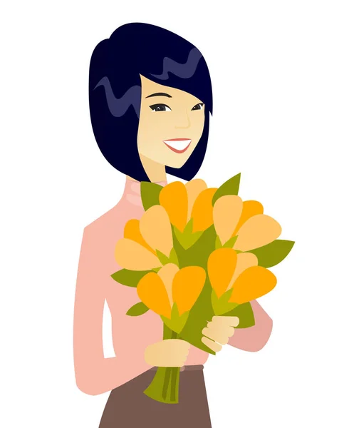 Aziatische zakenvrouw boeket van bloemen te houden. — Stockvector