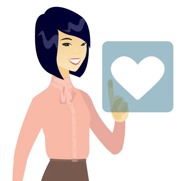 Business woman pressing web button with heart. — Stock Vector