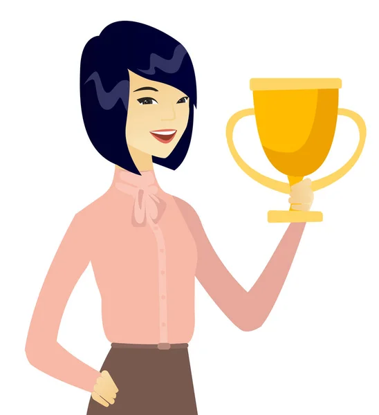 Young asian business woman holding a trophy. — Stock Vector