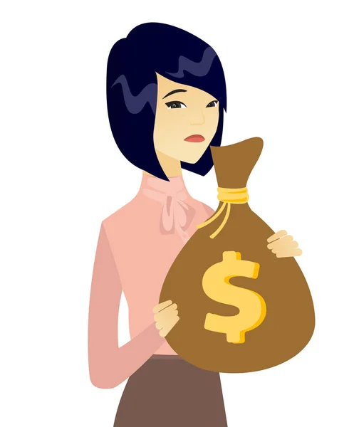 Upset asian business woman with bag full of taxes. — Stock Vector
