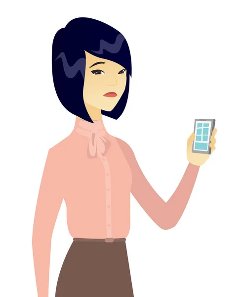 Déçu asiatique femme d'affaires avec téléphone portable . — Image vectorielle