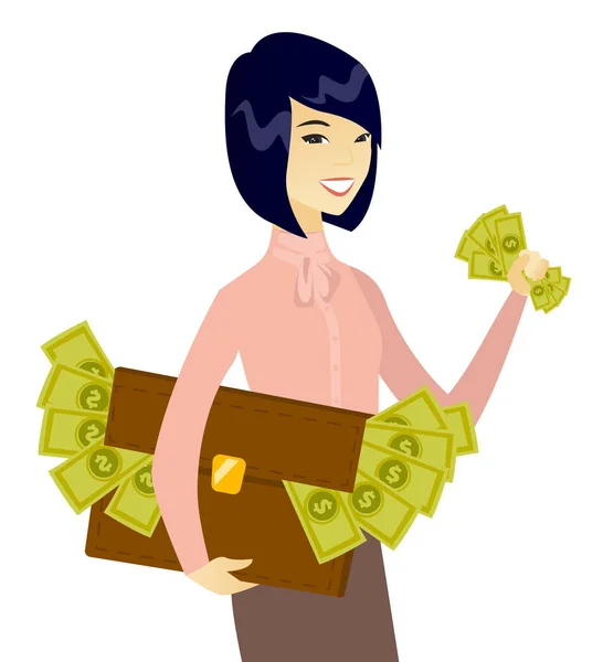 Asian business woman with briefcase full of money. — Stock Vector