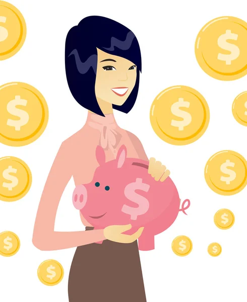 Giovane asiatico business donna holding un piggy salvadanaio . — Vettoriale Stock