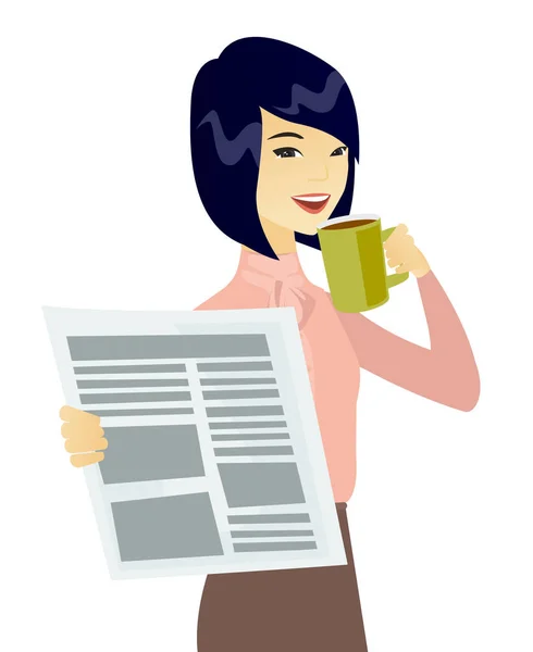 Азіатський жінка, пити каву і читав газету. — стоковий вектор