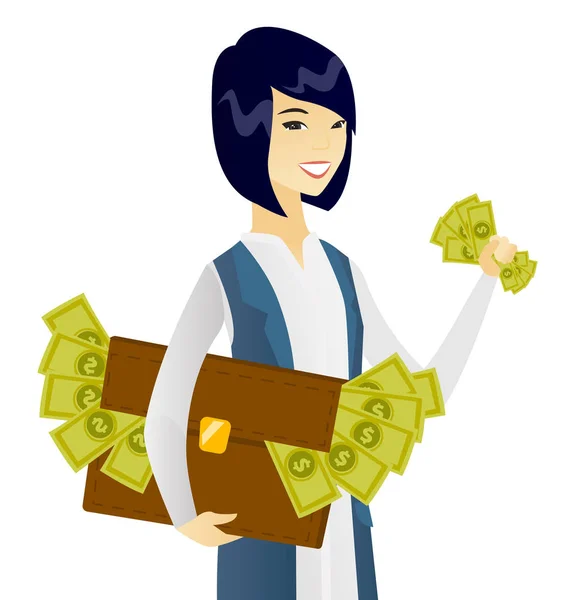 Mujer de negocios asiática con maletín lleno de dinero . — Archivo Imágenes Vectoriales