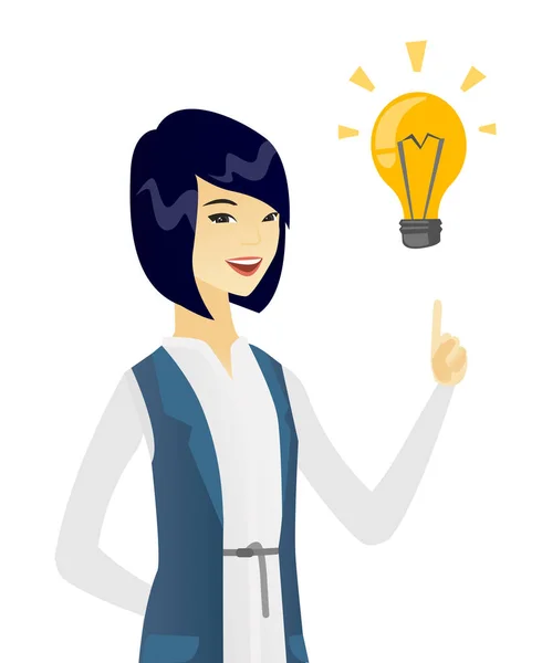 Business woman pointing at business idea bulb. — Stock Vector