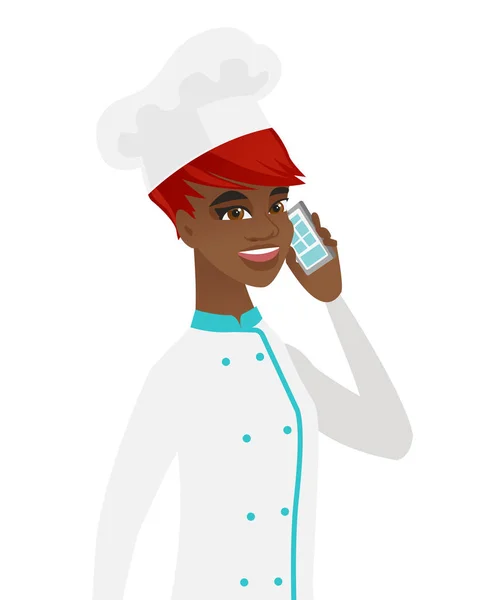 Chef afro-americano falando em um telefone celular . —  Vetores de Stock