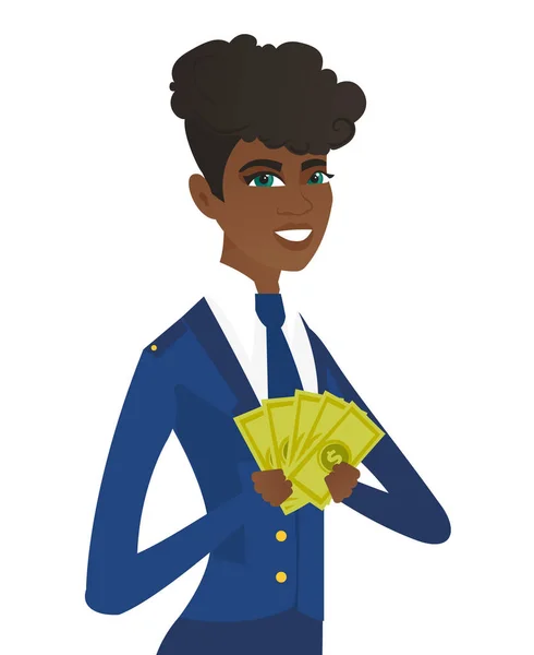 Fiatal afro-amerikai stewardess gazdaság pénz. — Stock Vector