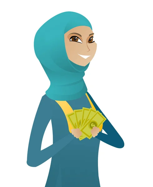 Joven mujer musulmana de negocios sosteniendo dinero . — Archivo Imágenes Vectoriales