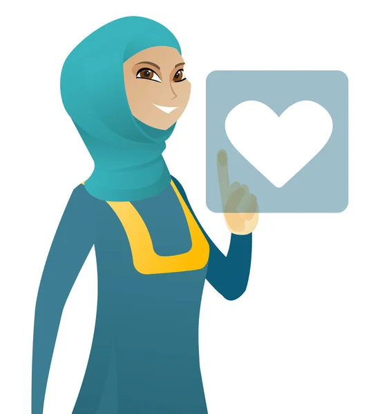 Femme d'affaires appuyant sur le bouton web avec coeur . — Image vectorielle