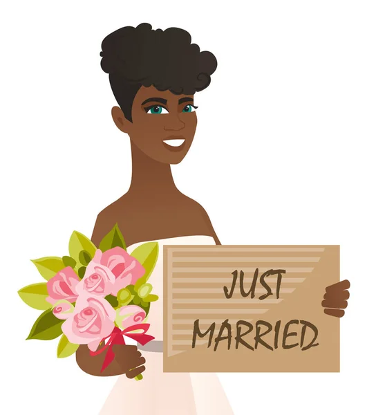 Afrikaanse bruid holding plaat met tekst net getrouwd — Stockvector