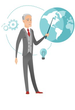 Üst düzey beyaz işadamı bir küre işaret.