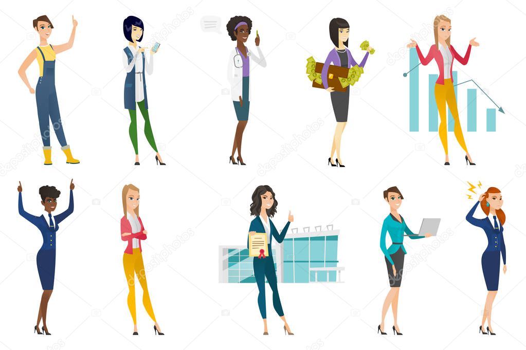 Business woman, stewardess, doctor profession set.