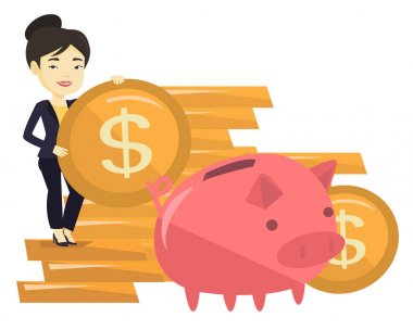 İş kadını domuzcuk bankada para koyarak.