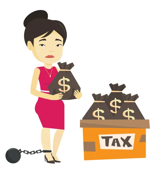 Geketende belastingbetaler met tassen vol met belastingen. — Stockvector