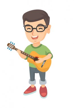 Beyaz çocuk şarkı ve akustik gitar çalmak.
