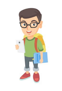 Cep telefonu ve ders kitabı holding beyaz okul çocuğu