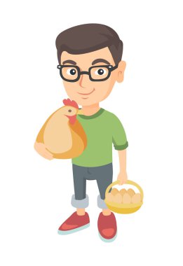 Beyaz çocuk tutan bir tavuk ve tavuk yumurta.