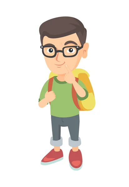 Petit garçon caucasien avec sac d'école pensée . — Image vectorielle