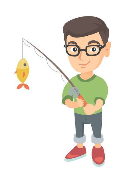 Little boy holding fishing rod with fish on hook. — Stock Vector