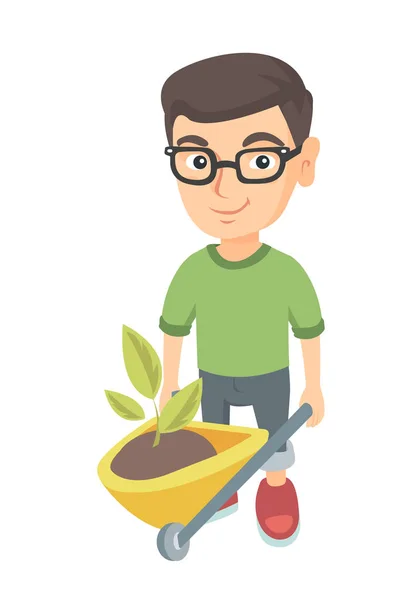 Boy pushing wheelbarrow with soil and plant. — Stock Vector