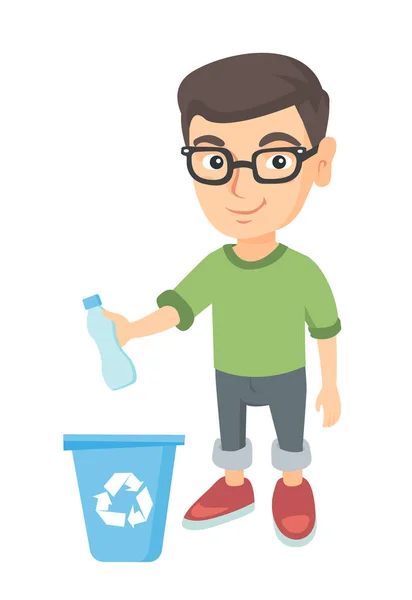 Boy throwing plastic bottle in recycle bin. — Stock Vector