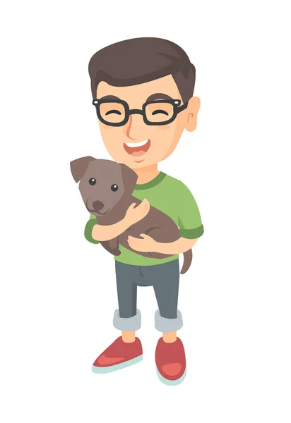 Caucásico feliz chico en gafas sosteniendo un perro . — Archivo Imágenes Vectoriales