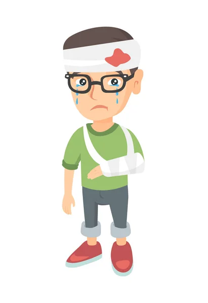 Caucasian boy with broken arm and bandaged head. — Stock Vector