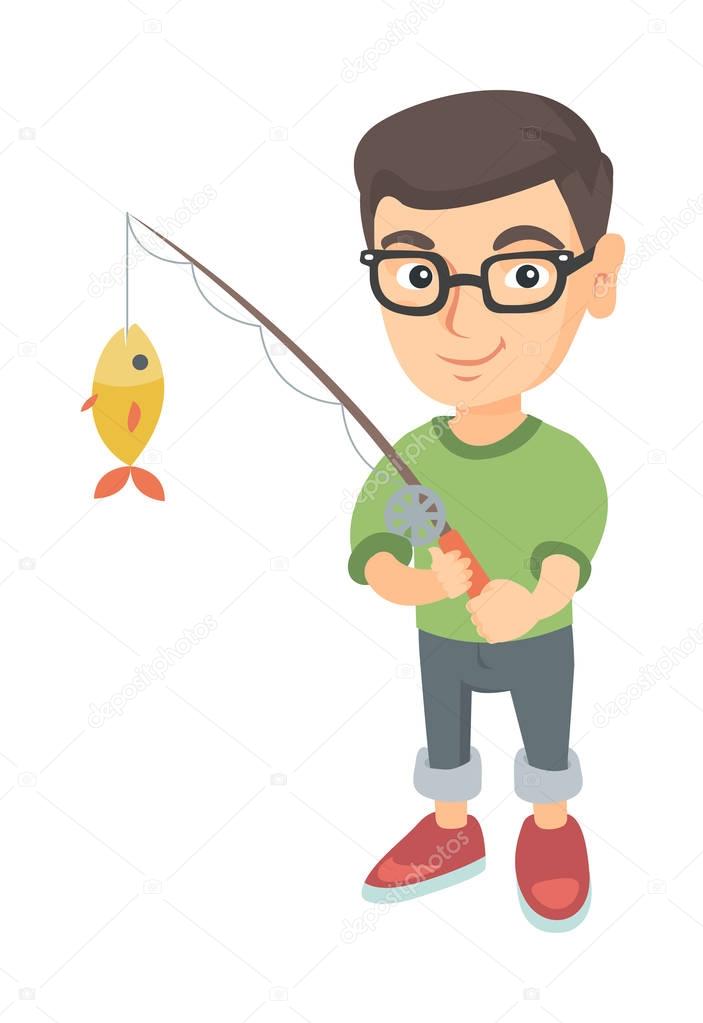 Little boy holding fishing rod with fish on hook.