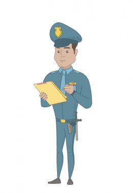 Panoya yazma üniformalı genç polis memuru.