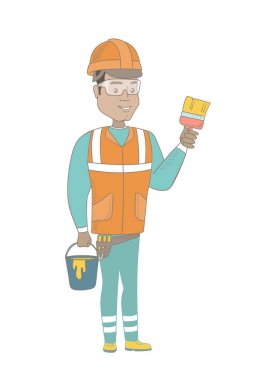 Genç ev ressam fırça ve boya kova