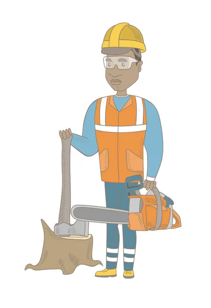 Young african-american lumberjack with chainsaw. — Stock Vector