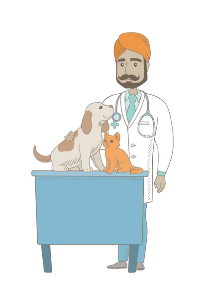 Young indian veterinarian examining pets. — Stock Vector