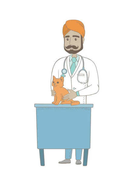 Young indian veterinarian examining cat. — Stock Vector