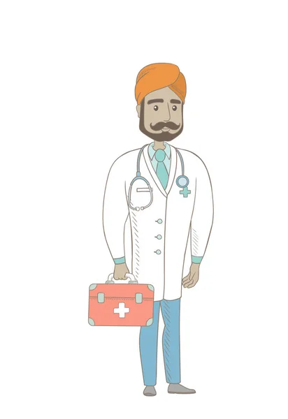 Młody lekarz indian trzyma apteczkę pierwszej pomocy. — Wektor stockowy