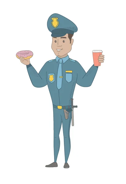 Polizist isst Donut und trinkt Kaffee. — Stockvektor