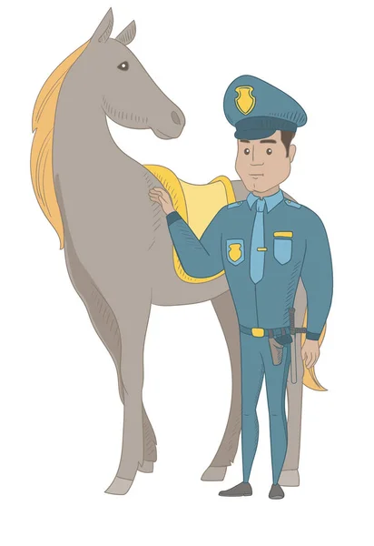 Joven policía hispana y caballo . — Vector de stock