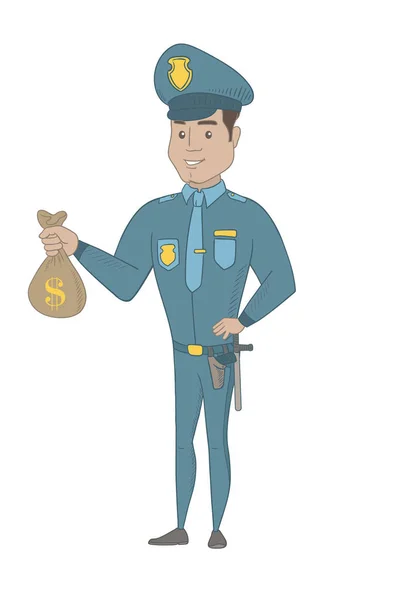 Joven policía hispano sosteniendo una bolsa de dinero . — Vector de stock