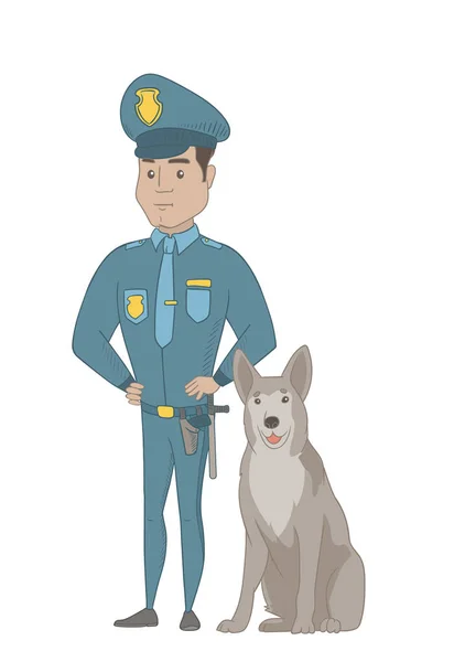 Polícia hispânica de pé perto do cão da polícia . — Vetor de Stock