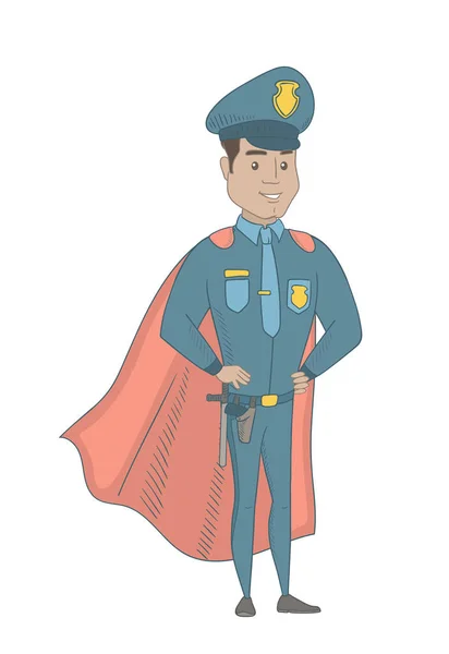 Spansktalande polisman iklädd en röd superhjälte kappa. — Stock vektor