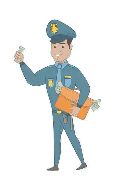 Policía hispano con maletín lleno de dinero . — Vector de stock