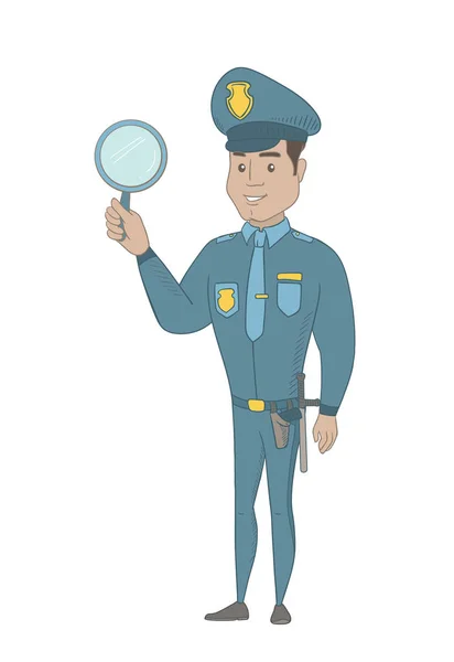 Νεαρός αστυνομικός Ισπανόφωνος που κρατάει έναν καθρέφτη χειρός. — Διανυσματικό Αρχείο