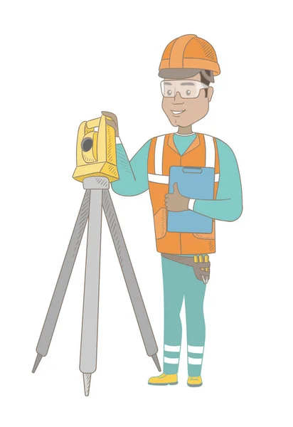 Hispanic surveyor builder working with theodolite. — Stock Vector