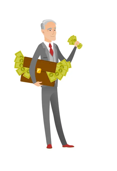Homme d'affaires caucasien avec mallette pleine d'argent — Image vectorielle