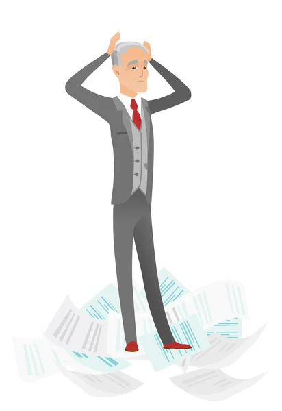 Stressed businessman having lots of work to do. — Stock Vector